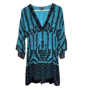 Hale Bob Black Velvet Beaded Mini Dress Womens Medium Whimsigoth Fairy Boho Blue